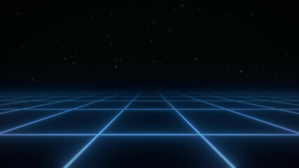 Wall Mural - synthwave animated background. dark retro futuristic backdrop with blue perspective grid and sky ful