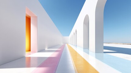 Poster - Long hallway with white walls and colorful stripes. The colors are pink, yellow, and blue