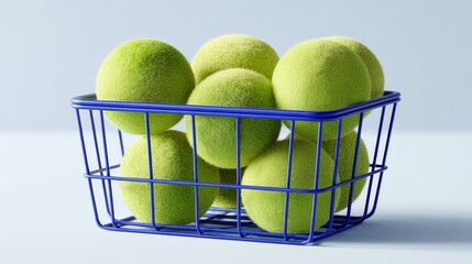 Basket full of green tennis balls. The basket is on a table