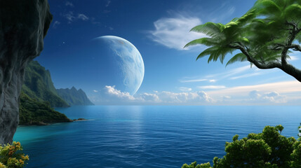 Wall Mural - a large moon is floating in the sky above a body of water