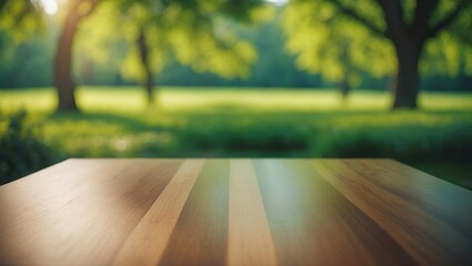 Poster - Unfocused garden trees with sunlight and an empty wooden table for product showcasing.