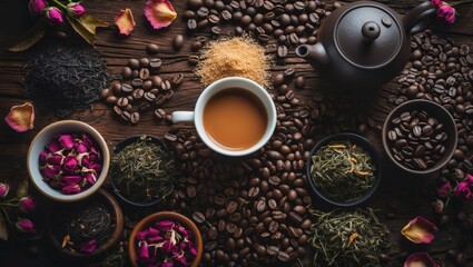 Poster - Tea and Coffee Theme with Various Teas and Beans
