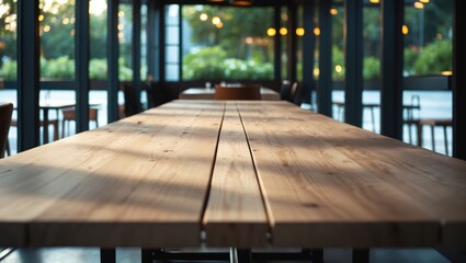 Poster - Wooden table surface in a cafe and restaurant setting with a backdrop.