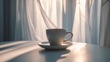 Poster - Coffee cup of espresso on a table illuminated by light. Food and drink visuals