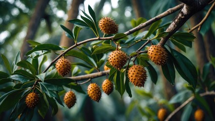 Fototapete - Tree limbs featuring lush green leaves and fruit. The tree's robust wood is used to create furniture, musical instruments, boats, paneling, flooring, and more.