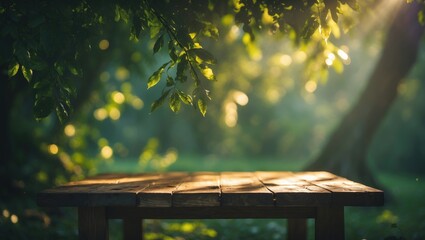 Poster - Vacant wooden tabletop set against a hazy nature scene.