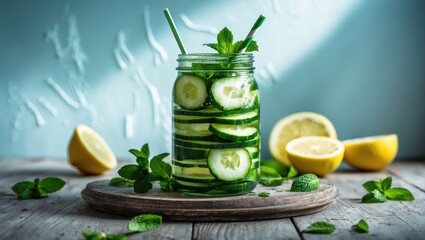 Aufkleber - Healthy Lifestyle Detox Water: Fresh Jar of Water Infused with Lemon, Cucumber, and Mint