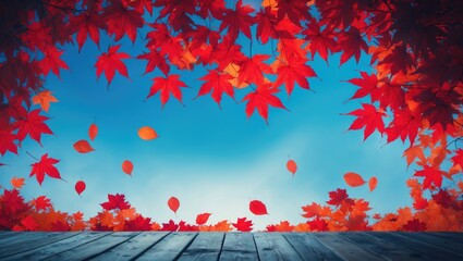 Poster - Wooden table surface devoid of items and autumn red leaf backdrop.