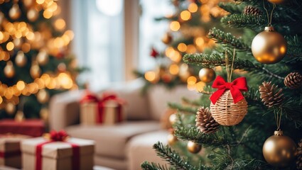 Poster - Embellished Christmas tree against a blurred backdrop, gift packages.