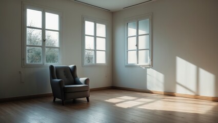 Aufkleber - Unoccupied living space with an old solitary sofa and four white aluminum windows against a wooden floor