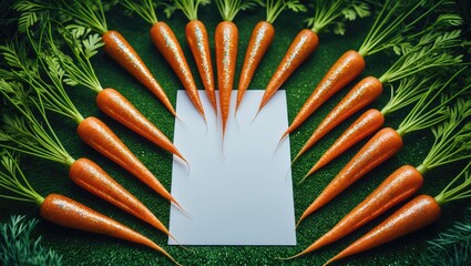 Poster - Mockup For Easter Displaying Glittery Fake Carrots Encircling A Blank White Page For Seasonal Greetings And Festive Design