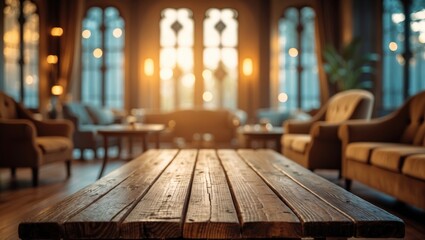 Poster - Highlighted focus on an unoccupied brown wooden table and a blurred backdrop with bokeh effect for your photomontage or item presentation