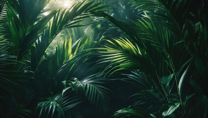 Poster - Pattern of deep dark green palm leaves