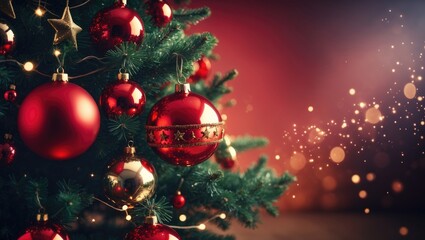Poster - Background features a Christmas tree decorated with lights and ornaments. Greeting card, frame, banner. Winter holiday theme.