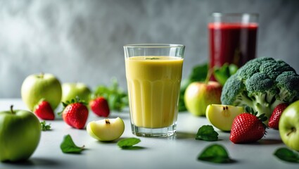 Poster - Tasty juice and fresh components on the table. Area for text