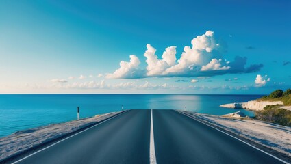 Poster - Vacant asphalt road beside the lake beneath a clear blue sky