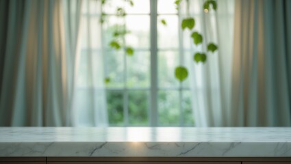 Poster - Focused perspective. Stylish product presentation environment with marble countertop, drapery, and vine foliage in a morning garden. Simple design for the counter