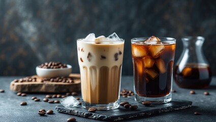 Aufkleber - Tall glass of iced coffee topped with cream, ice cubes, and beans on dark concrete table. Refreshing summer beverage with straws and background space available.