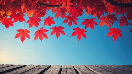 Poster - Vacant wooden tabletop accompanied by red leaf in fall environment.