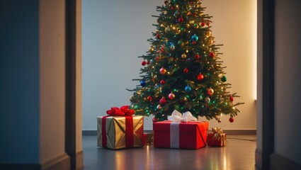 Poster - Christmas tree adorned with decorations and gift boxes in a simple interior against the wall