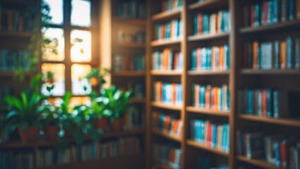 Poster - Fuzzy backdrop of a warm and welcoming library featuring wooden bookshelves stocked with books, potted plants, and gentle sunlight forming a tranquil reading area for comfortable experiences.