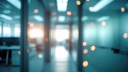 Poster - Modern interior featuring a blurred texture background of an entrance footpath with clear glass walls and door, complemented by light bokeh and flare light bulb.
