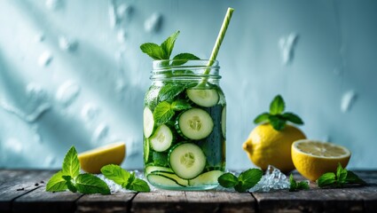Aufkleber - Detox Water for a Healthy Lifestyle: Jar of Fresh Water with Lemon, Cucumber, and Mint