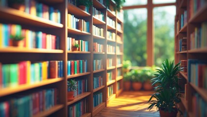 Poster - A gently blurred view of a welcoming library displays colorful books on wooden shelving, accompanied by thriving plants, establishing a tranquil reading spot filled with sunlight.
