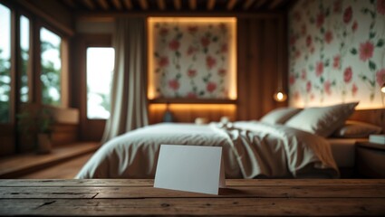Aufkleber - Empty brown wooden table with mockup card in room decor, labeled card against a blurred interior backdrop
