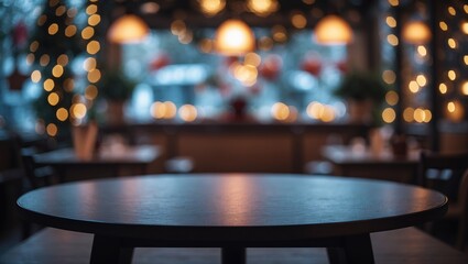Aufkleber - Empty wooden table with a blurred abstract background in front of a coffee shop or restaurant for product display or montage.