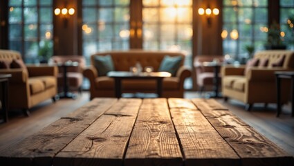Poster - Chosen emphasis on a vacant brown wooden table with a blurred bokeh background for your photomontage or product showcase