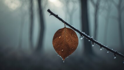 Leinwandbilder - Lone leaf on a tree limb blanketed with ice crystals. Icy cold atmosphere.
