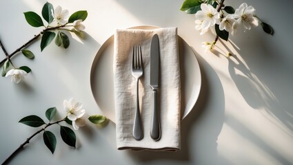 Poster - Stylish Easter spring table setup adorned with blossoming flowers, silverware, an unoccupied plate, and a napkin. Bird's-eye view, flat lay.
