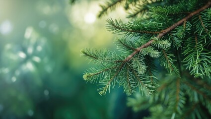 Poster - Close-up of a fir tree branch. Shallow depth of field. Soft fir tree branch up close. Wallpaper idea. Empty space. Textured background of fir tree branch. Soft pine tree branch close-up. Green