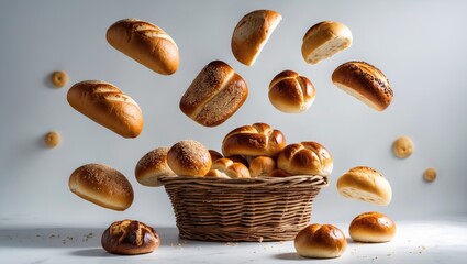 Poster - Assorted baked goods tumbling into a basket on a white surface