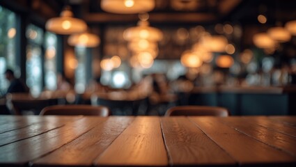 Aufkleber - Wooden table surface against a bokeh blurred contemporary interior.