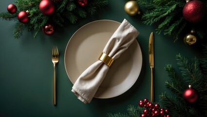 Poster - Christmas table seen from above featuring an unoccupied plate and golden utensils. Festive atmosphere with decorations like sparkling baubles, fir branches, and an evergreen tree. Celebration spread.