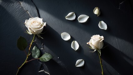 Poster - White rose petals scattered on a dark grey slate background.