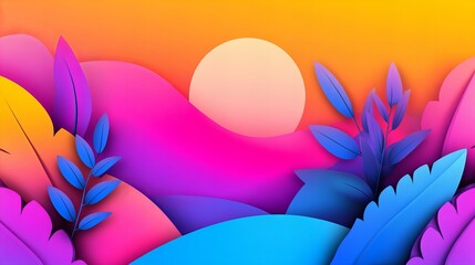 Poster - Illustration depicts stylized colorful plants and layered hills under a bright round sun, all rendered in digital gradients.