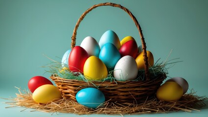 Poster - Easter basket featuring colored eggs set against a background.