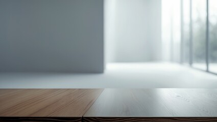 Poster - Selective emphasis on wooden table surface with glass background.