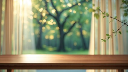 Poster - Wooden table surface in front of blurred curtains, showcasing a view of a green tree garden for product montage or layout design.