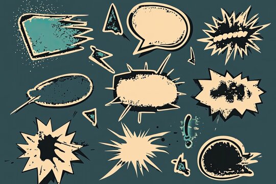 Grunge-style speech bubbles and text boxes