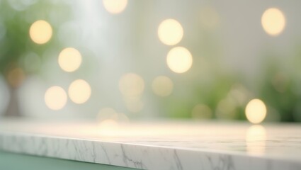 Poster - Focused Elegance: Product Display with Marble Top Against a Blurred Window and Lush Garden