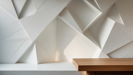Poster - Abstract white geometric backdrop featuring intersecting lines and polygonal wall shapes, with a wooden table illuminated by a soft gradient in a serene modern minimalist urban design.
