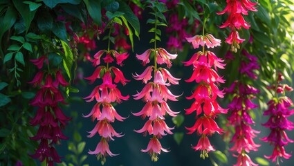 Poster - Delicate fuchsia flowers sway like dancers, exhibiting bright pink and dark purple tones.