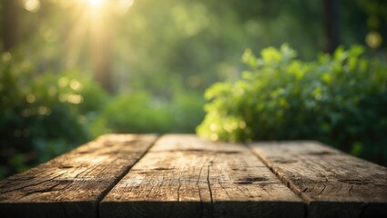 Poster - Weathered wooden table surface in garden setting with background.