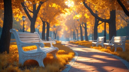 Poster - Tranquil park walkway flanked by benches among golden autumn trees and soft sunlight