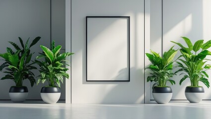 Poster - Modern panel showcasing a plant in an office environment. Minimalist mockup on a white background intended for advertisement design. Square frame aligned with a wall.