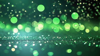 Poster - Festive background with green sparkling lights and texture. Abstract bright bokeh twinkles and falling stars. Winter invitation or card.